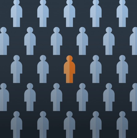 Infographic image showing multiple abstract blue people with one person offset in orange