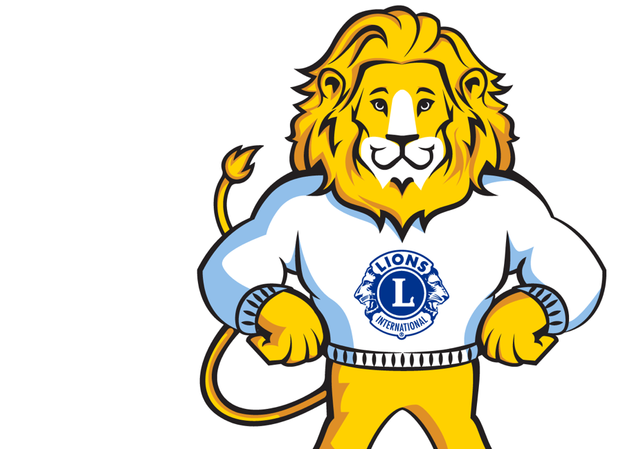 Illustration of a cartoon lion with hands on hips wearing sweatshirt with Lion's logo on front