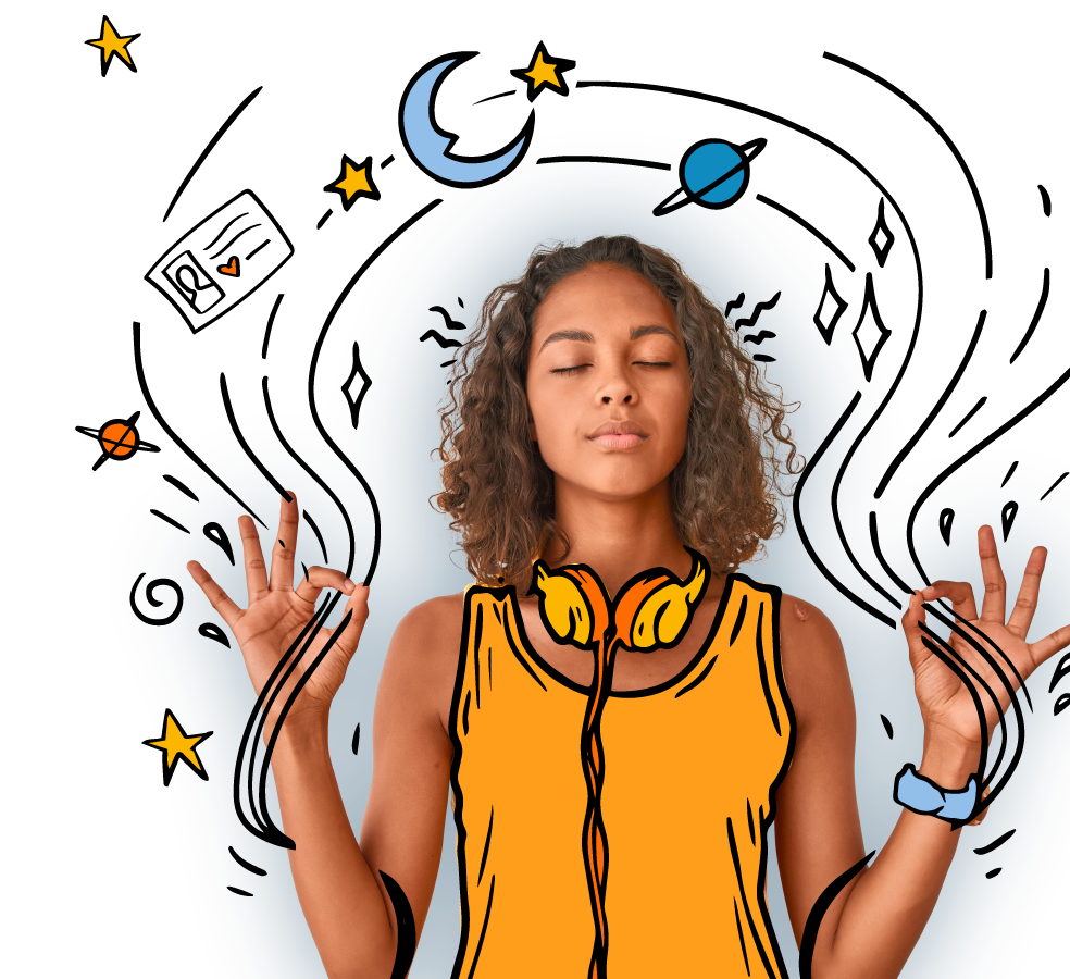 Teenage girl in a zen state with illustrations swirling around her of space.